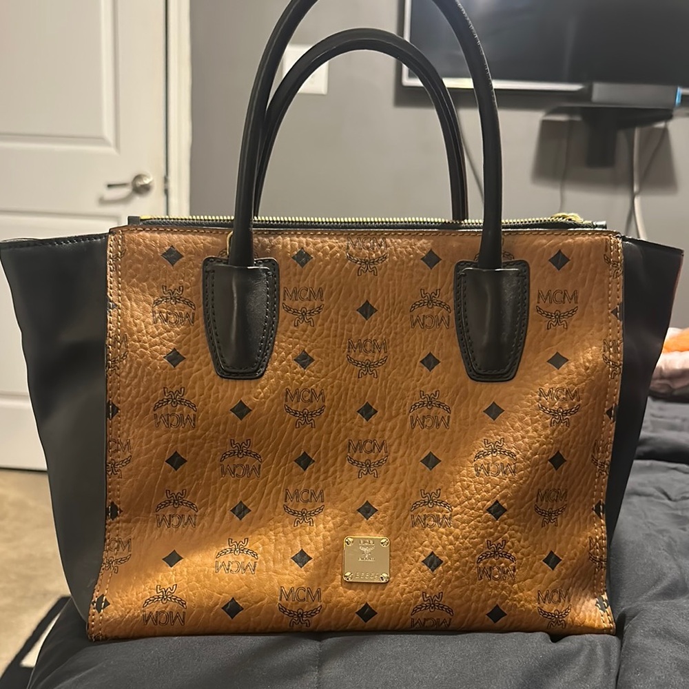 MCM Tan and Black Tote Bag with Signature Monogram